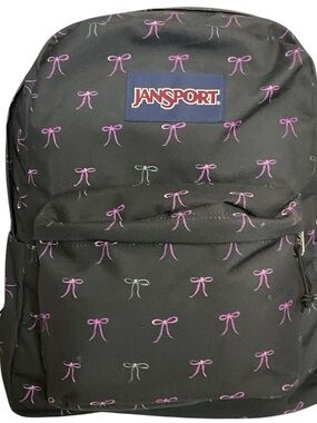 Jansport Black Backpack with Pink and Light Blue Bow Print